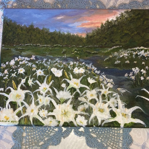 HANDCRAFTED OIL by me of Cahaba Lillies blooming in river, 8 x 10”. $260 - Picture 3 of 7